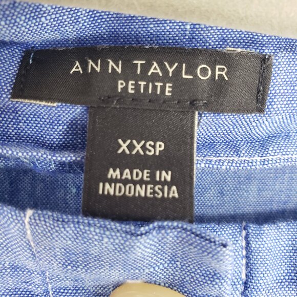 Ann Taylor Puff Sleeve Square Neck Top XXSP Linen Cotton Blend Button Down Blue - Picture 5 of 9